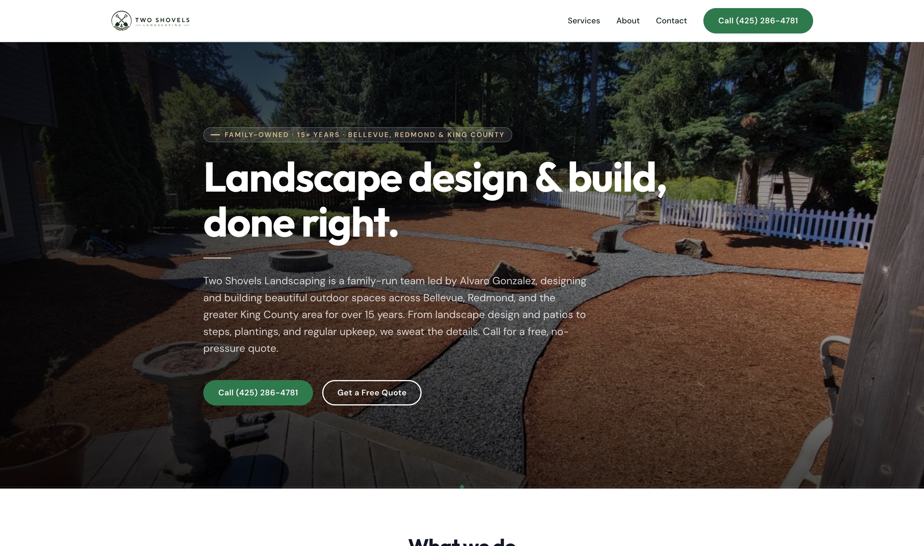The Two Shovels Landscaping site, showing the before and after project slider