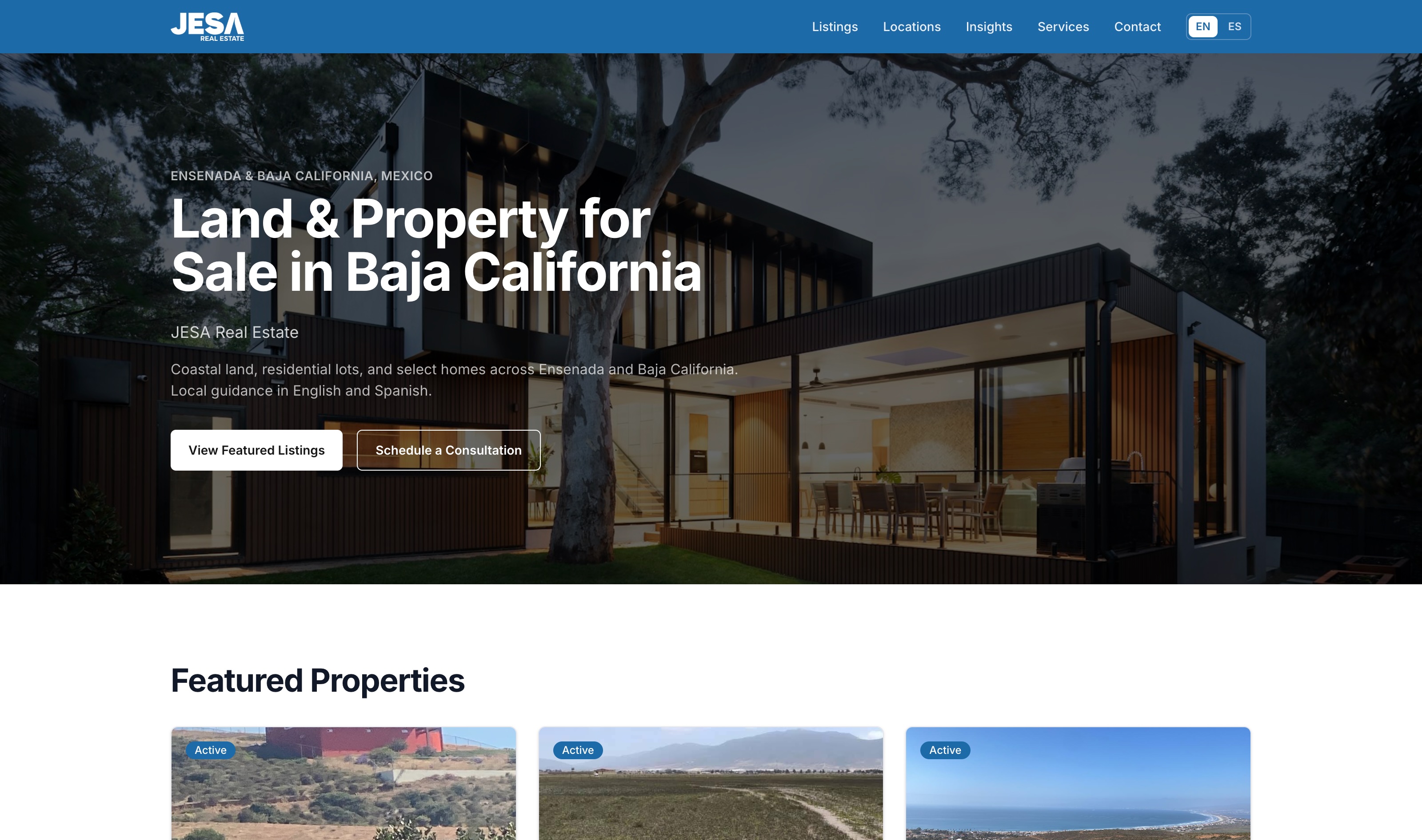 The JESA Real Estate site, showing the property listings grid